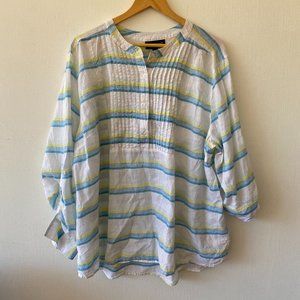 Lane Bryant Blouse Popover Striped Linen Blend Roll Tab Sleeves Women's Size 26